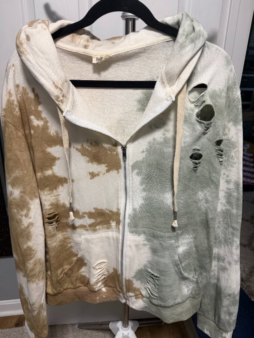 POL Distressed Zip Up Hoodie Womens/Jrs Size Large Tye Dye Brown Green Ivory